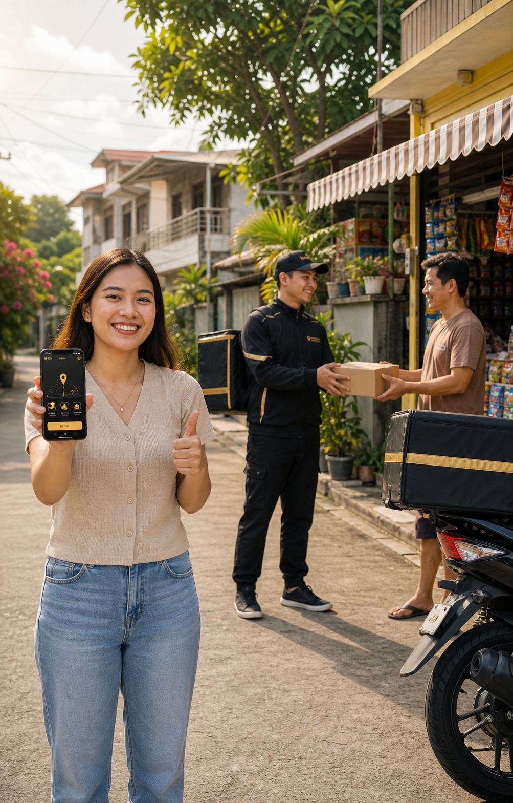 Filipino customer using the Bayan Kadiwa delivery app with a local parcel handoff nearby